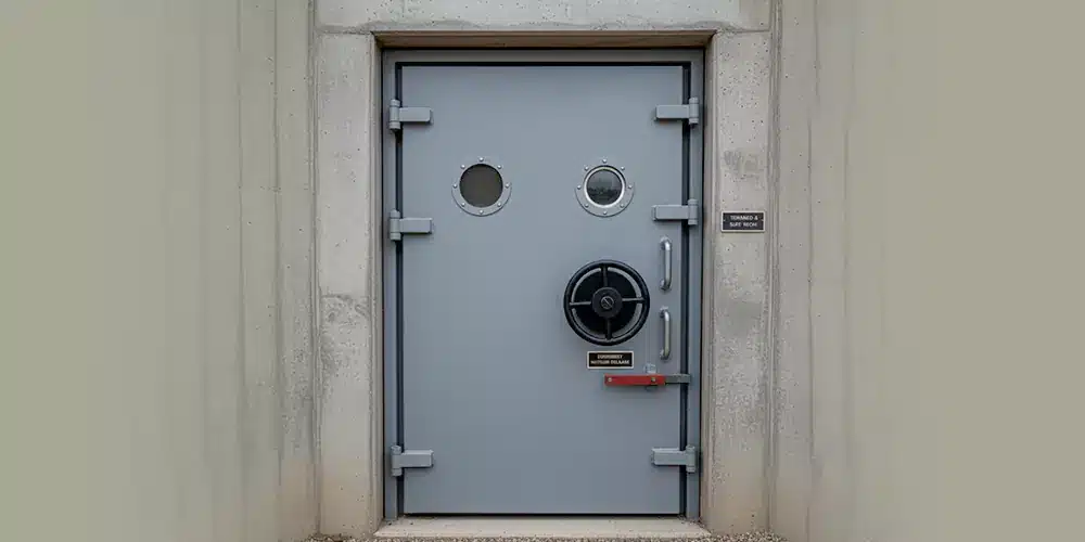 Storm shelter latch bolt and strike plate alignment being checked on a shelter door in Moore, Oklahoma