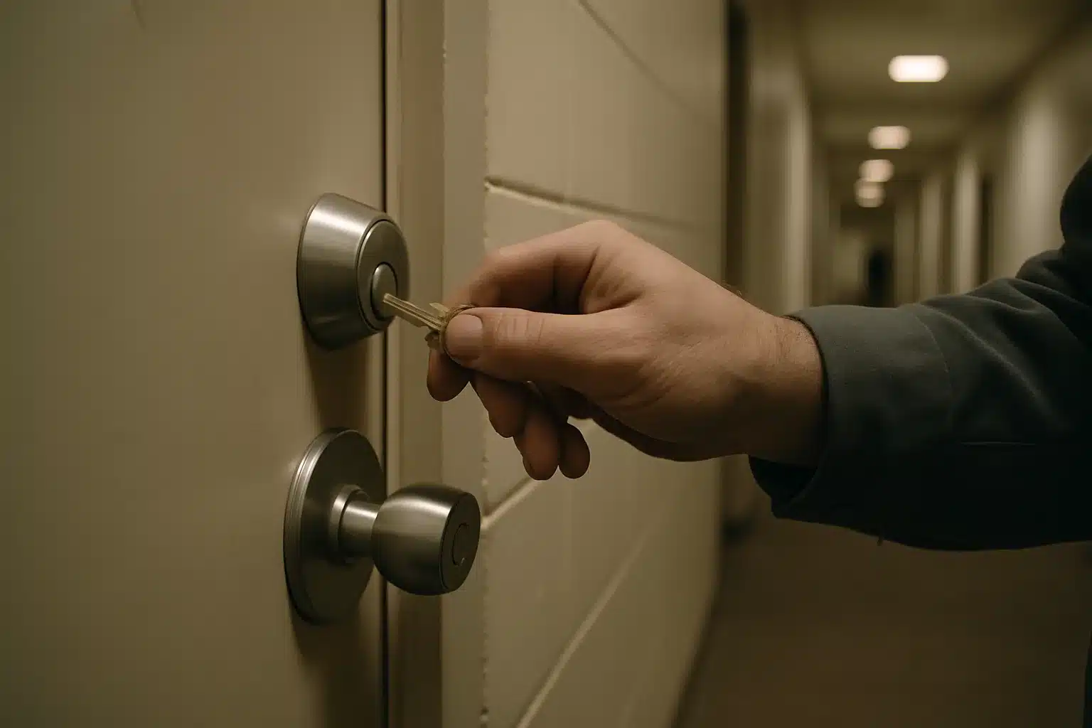 A locksmith's hand testing a master key in the deadbolt lock of a numbered apartment unit door in a multifamily building hallway