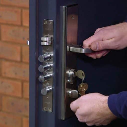 High security locks on a retail premises door protecting stock and cash