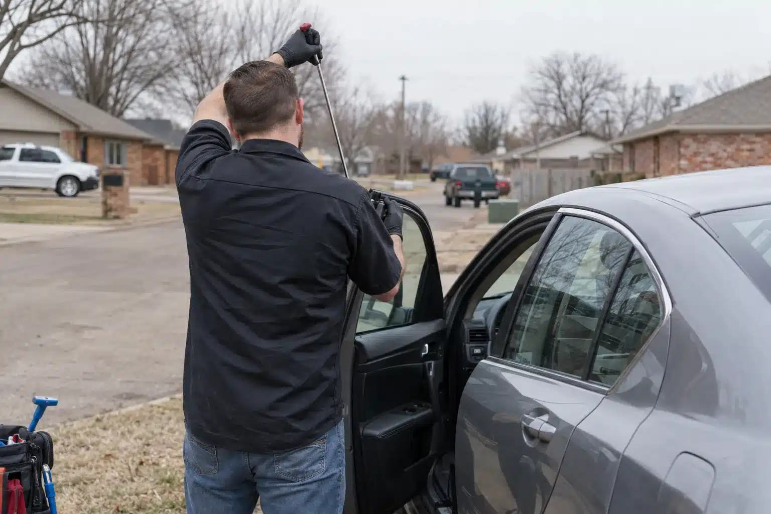 A locksmith technician seen from behind using a long-reach tool at the top corner of a car door on a sunny Oklahoma suburban street