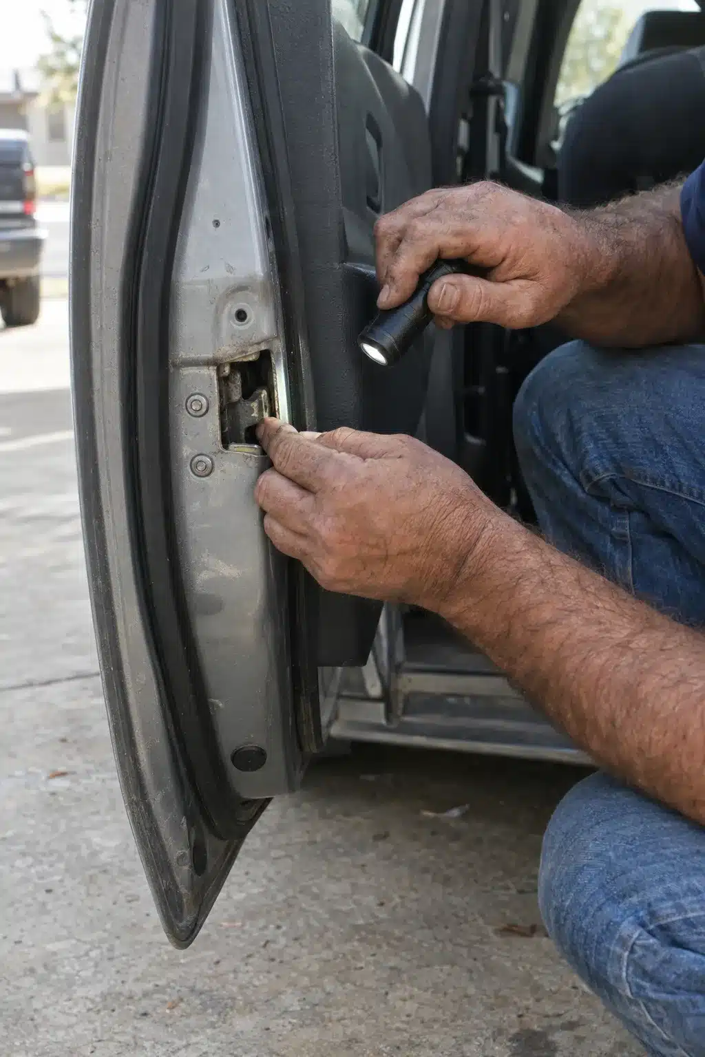 A locksmith's hands holding a small flashlight near an interior car door latch mechanism while crouching beside an open car door on a concrete driveway