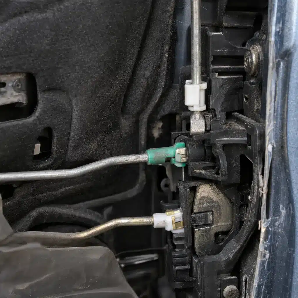 Close-up of a car door interior lock rod linkage and latch mechanism visible inside an open door panel