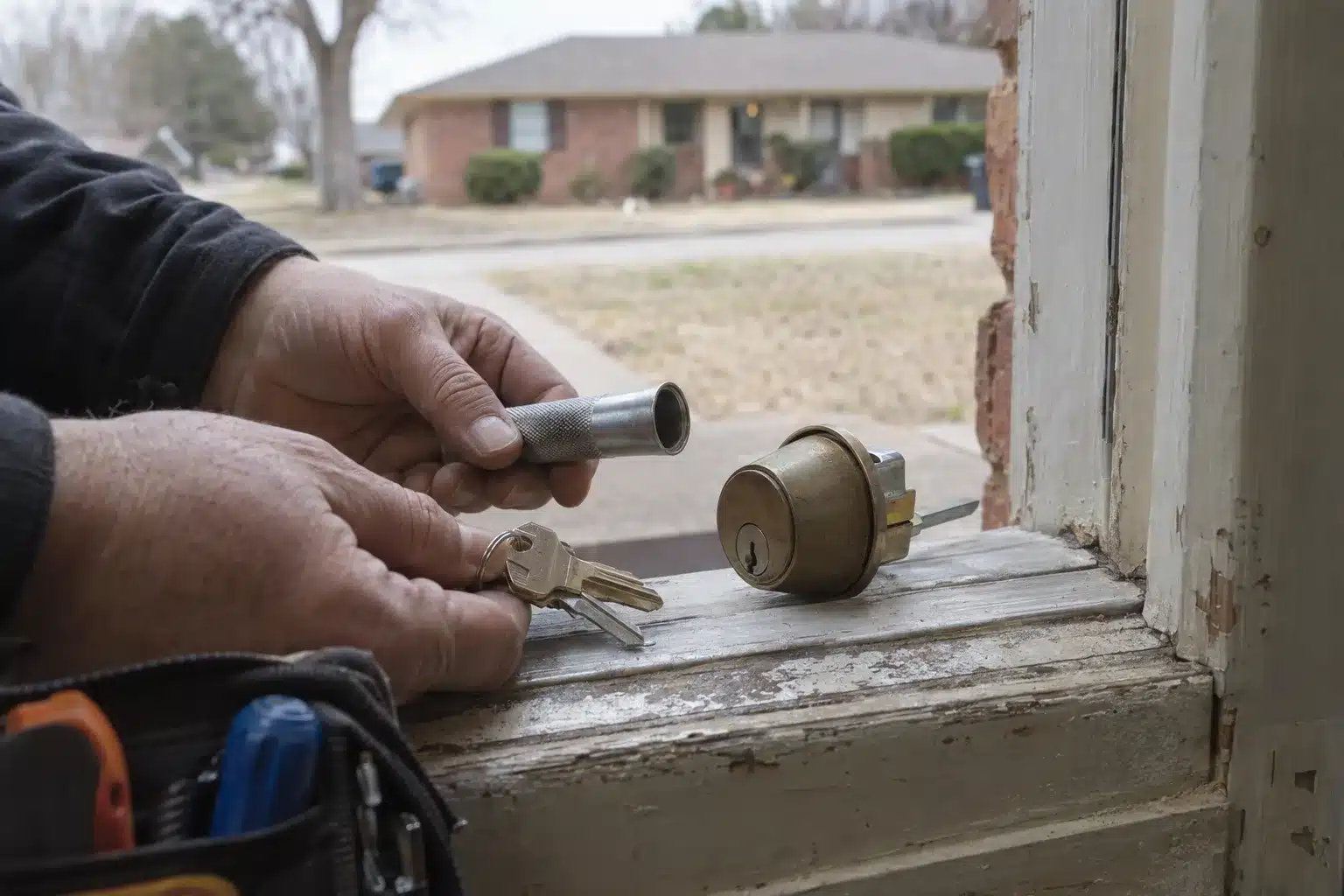 A deadbolt cylinder and rekeying tools resting on a residential front door threshold, with a brick Oklahoma home blurred in the background