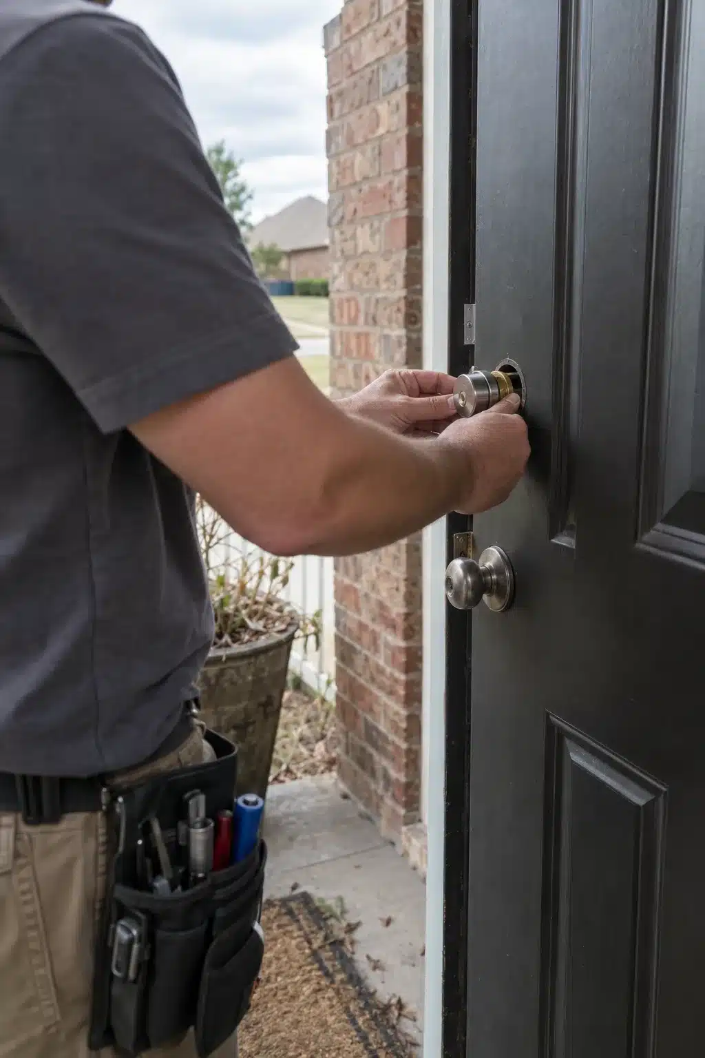 A locksmith reinstalling a deadbolt cylinder into a brick home's front door, tools at their hip, under a soft Oklahoma morning sky