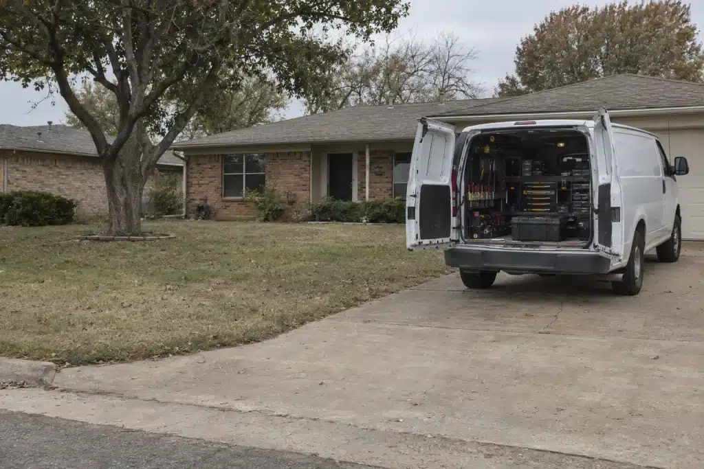 A white cargo van with open rear doors parked in the driveway of a brick ranch-style house on a sunny Oklahoma residential street, locksmith tools organized in the cargo area