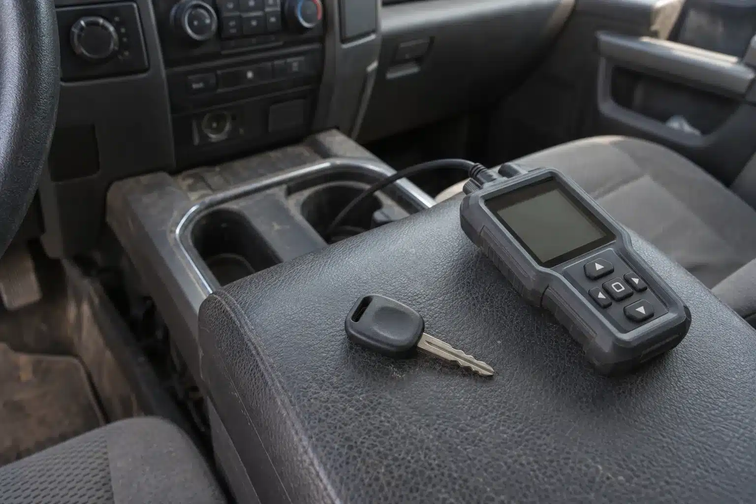 A transponder car key and a portable key programming device resting on the center console of a pickup truck interior, lit by warm natural sunlight through the windshield